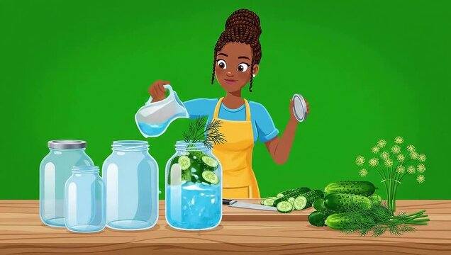 Woman making pickles and filling jars vector animation green screen video