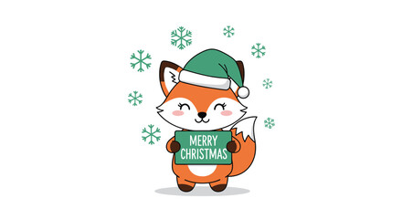 Obraz premium Happy fox character wearing a green santa hat and holding a merry christmas sign surrounded by snowflakes.