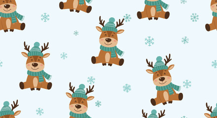 Fototapeta premium Festive seamless pattern featuring cute reindeer characters wearing teal hats and scarves scattered with snowflakes on a light blue background.