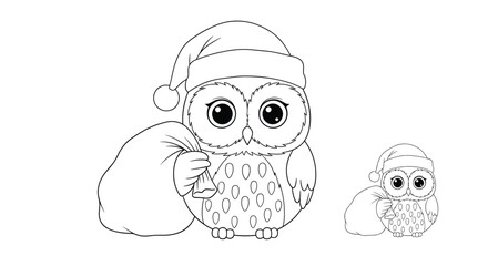 Obraz premium Two owls wearing santa hats coloring page featuring a large owl with a gift sack and a smaller owl friend.