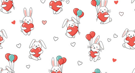 Adorable seamless pattern with white bunnies holding red hearts and colorful balloons isolated on a white background.