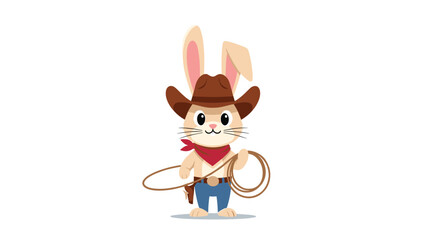 Fototapeta premium Adventurous bunny character dressed as a cowboy with a hat, boots, and a lasso for a fun western and desert theme.