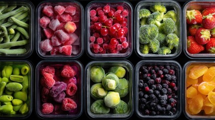 Colorful containers hold different types of frozen fruits and vegetables on a kitchen countertop. The display includes berries broccoli and green beans ready for cooking or smoothies.
