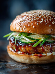 Chinese char siu pork burger close up, sesame bun and fresh herbs