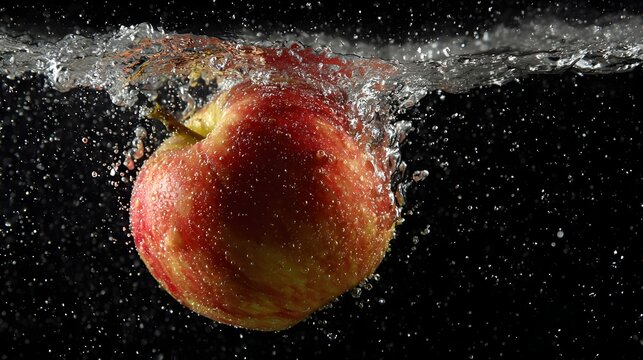 High-quality stock photo of an apple falling into water. Concept: Freshness and purity, healthy food, motion and impact, creativity and advertising visuals, nature and simplicity, clean design, refres