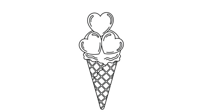 Sweet line art drawing of a waffle ice cream cone topped with three stacked scoops shaped like hearts in a simple and clean cartoon style.