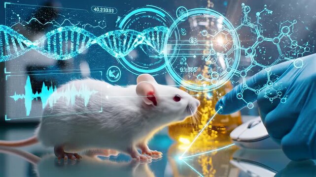 Biomedical research mouse with glowing DNA holograms and molecular data beside golden flask in advanced laboratory cinematic macro scene