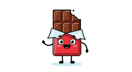 Happy cartoon chocolate bar character with a smiling face and a bite taken out, waving its hand on white background.