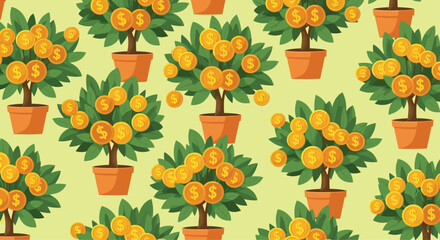 Prosperous seamless pattern of money trees growing in clay pots with gold dollar coins on a pale yellow background.