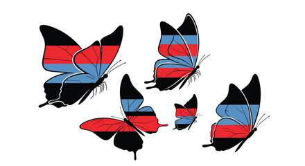 Collection of five decorative butterflies with black silhouettes and red and blue horizontal stripes on their wings.