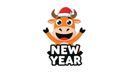 Cheerful cartoon bull character wearing a red Santa hat celebrating with the text "NEW YEAR" on a white background.