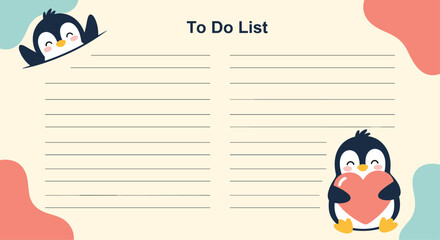 Cute penguin themed To Do List template with lines for notes and two adorable penguins, one holding a pink heart.