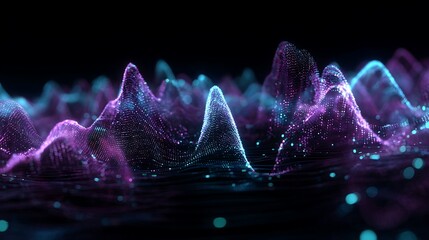 A vibrant digital landscape of glowing purple and blue mountains