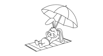 Relaxing black and white line art coloring page of a cute bunny sunbathing under an umbrella on a beach towel.