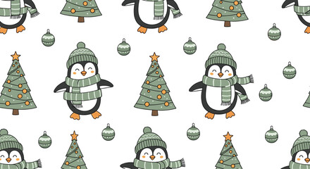 Charming seamless pattern of cute penguins in winter hats and scarves with decorated Christmas trees and ornaments.