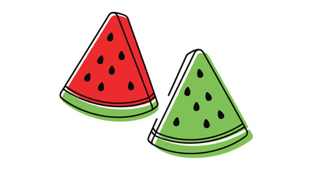 Simple graphic illustration of two watermelon slices, one red and one green, with black seeds on a white background.
