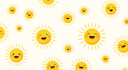 Bright and cheerful seamless pattern of various smiling sun characters on a pale cream background for kids.