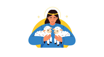 Peaceful illustration of a young girl with a halo gently holding two fluffy white lambs in her arms with love.