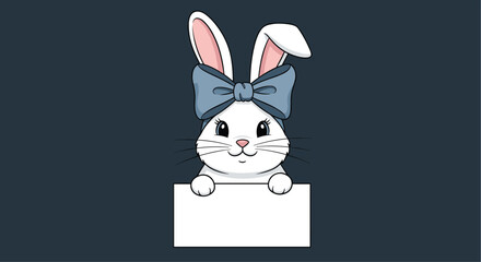 Adorable white bunny wearing a large blue bow peeking over a blank white sign on a dark grey background.