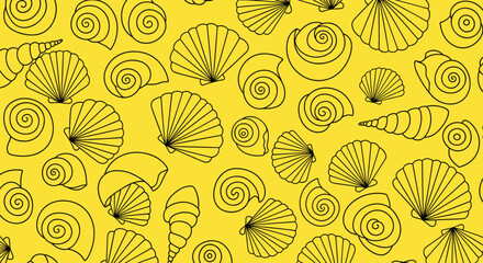 Detailed black line art seamless pattern of various seashells scattered on a vibrant yellow background for summer.