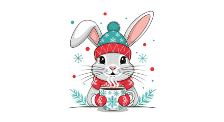 Adorable grey bunny wearing a winter hat, scarf, and mittens holding a cup of steaming coffee in the snow.