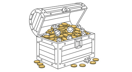 Black and white line art of an open treasure chest overflowing with gold coins and sparkling gems for coloring.