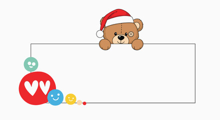 Adorable teddy bear wearing a Santa hat peeking over a blank white banner with colorful heart and smile icons.