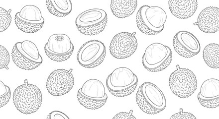 Detailed black and white line art seamless pattern of whole and halved lychee fruits for coloring or decoration.