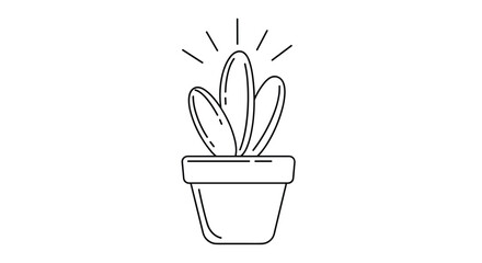Minimalist black and white line art illustration of a small succulent cactus in a flower pot with glowing rays.