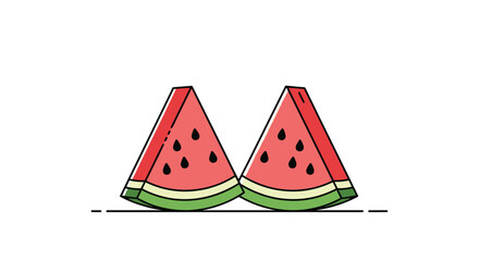 Simple flat design illustration of two triangular slices of ripe red watermelon with black seeds and green rind.