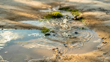 Tranquil Stream Flowing Through Sandy Ground with Ripples and Small Stones