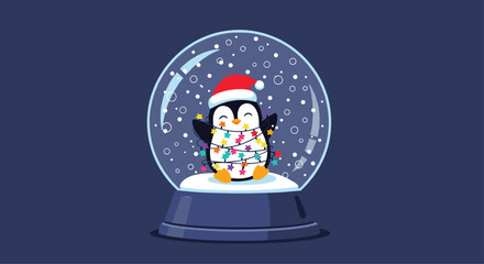 Festive illustration of a cute penguin inside a snow globe wrapped in colorful Christmas lights on a dark background.