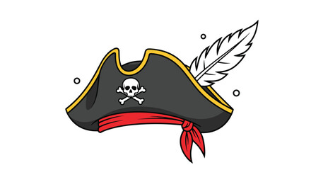 Classic black pirate hat with a red bandana, gold trim, white feather, and a skull and crossbones emblem.