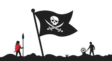 Bold black silhouette of a pirate flag waving between two kids, a girl with a spear and a boy at a ship wheel.