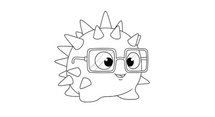 Fun black and white line art coloring page of a cute prickly pufferfish character wearing large square glasses.