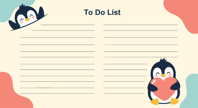 Cute penguin themed To Do List template with lines for notes and two adorable penguins, one holding a pink heart.