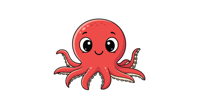 Adorable cartoon illustration of a friendly red octopus with large expressive eyes and a smiling face on white.
