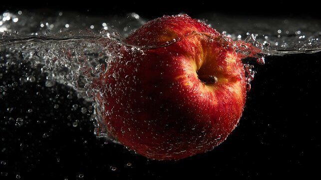 High-quality stock photo of an apple falling into water. Concept: Freshness and purity, healthy food, motion and impact, creativity and advertising visuals, nature and simplicity, clean design, refres
