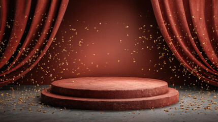 A round cylindrical empty podium on a stage with red curtains. Empty stage for the awards ceremony
