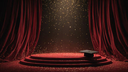 A red stage with an academic cap against a background of red curtains. Congratulations to graduates