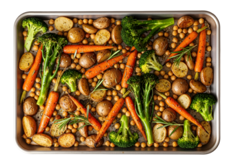 Refeição Assada com Brócolis Cenoura Batatas e Grão de Bico Temperados Saudável Nutritivo Assadeira de Metal Visto de Cima