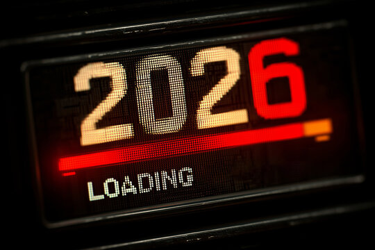 Loading progress bar displays the year 2026 in a digital style - Powered by Adobe