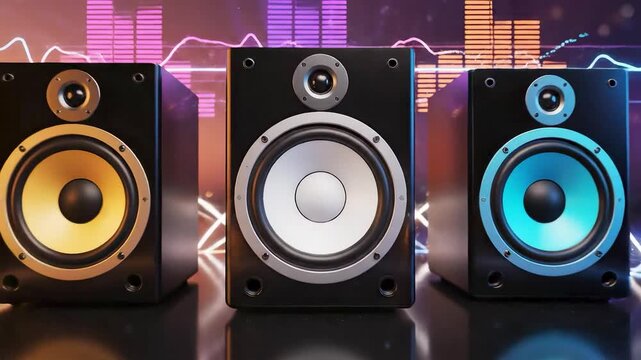 High end speaker system with glowing woofers and holographic audio visualizers pulsing in cyberpunk studio cinematic motion