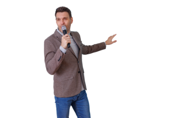 Man speaker holding microphone and gesturing on transparent background, presenting a speech, conference, or seminar