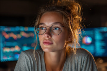 Young woman immersed in data analysis with glowing screens at night
