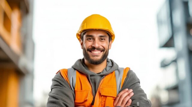 Smiling construction worker standing with crossed arms on modern building site