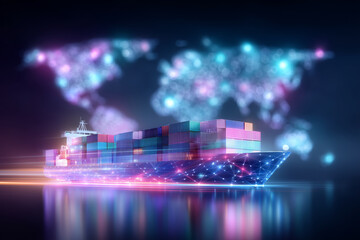 A cargo ship with vibrant shipping containers sails smoothly across the waters, symbolizing global logistics and trade. A networked world map illuminates the background, representing connectivity