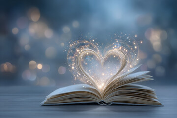 An open book sits on a wooden surface, emanating a glowing heart shape filled with sparkles. This scene evokes feelings of love, romance, and the enchantment of literature