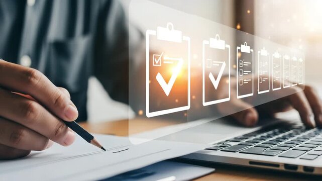 A person working on a hybrid task with a digital checklist overlay for verification technology motion animated video 4k.