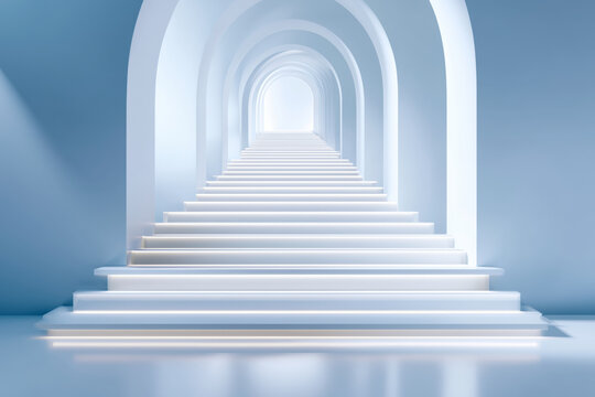 A serene staircase ascends into a bright, dreamlike space symbolizing transformation and discovery. Light spills from the keyhole, inviting exploration and elevation towards the future